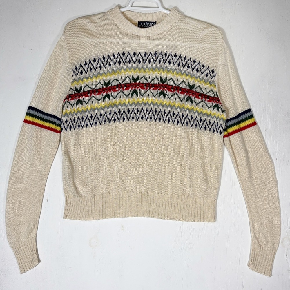 VTG 70s Jockey Lightweight Fair Isle Sweater Mens L Cabincore Geometric Retro